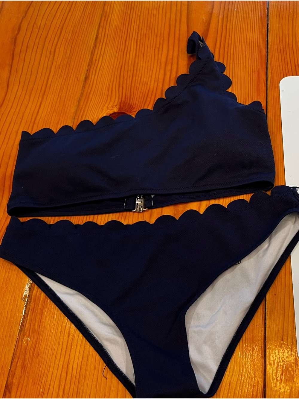 Navy Scallop Edge One-Shoulder Bikini Set